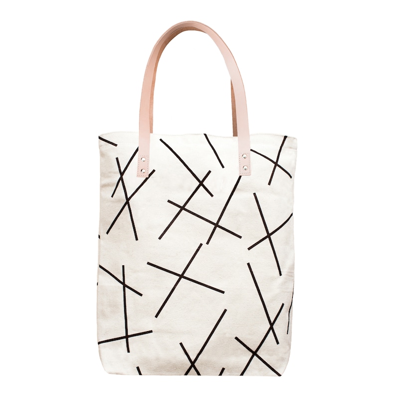 Cotton Canvas Tote Bag Black Mikado Lines Pattern & Natural Leather Straps image 7