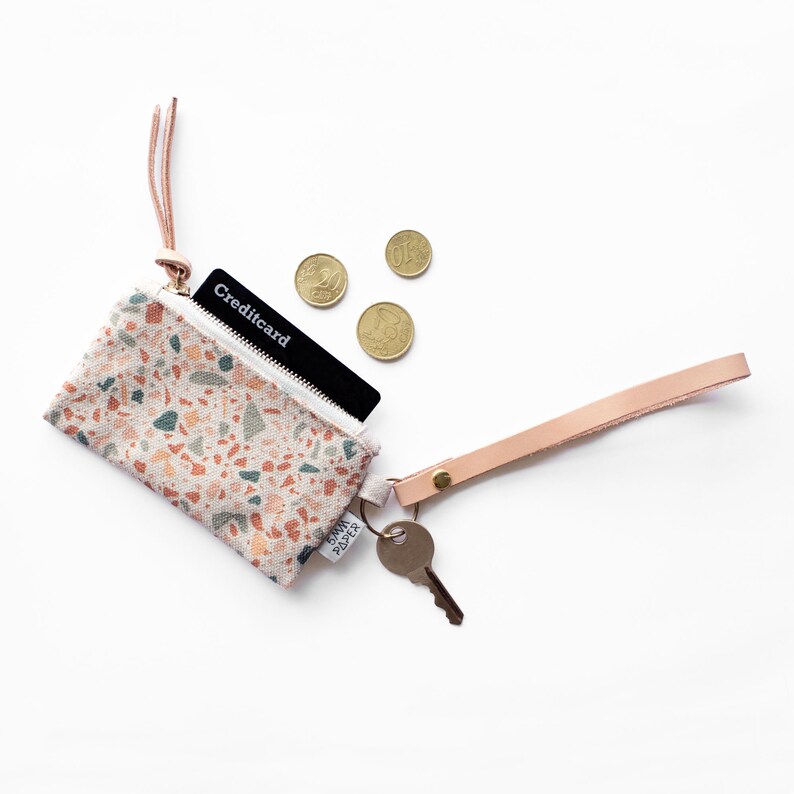 Natural Leather Key Chain with Canvas Card / Coin Pouch Small Purse Bag Terrazzo Terracotta Orange Moss Green image 1