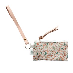 Natural Leather Key Chain with Canvas Card / Coin Pouch Small Purse Bag Terrazzo Terracotta Orange Moss Green image 2