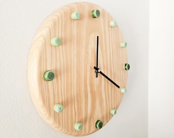 Handmade Wood and Ceramic Wall Clock - Green & Mint Glazing - 29 cm / 11.5 inch