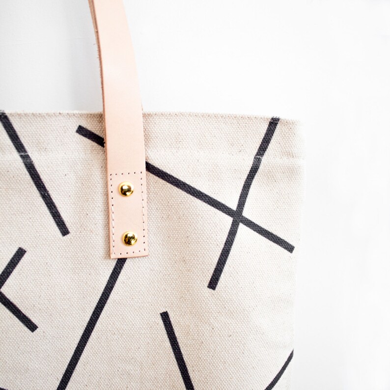 Cotton Canvas Tote Bag Black Mikado Lines Pattern & Natural Leather Straps image 6