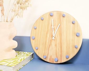 Handmade Pine Wood Wall Clock, Light Blue Ceramic Dots, Silent Quartz Movement (29cm)