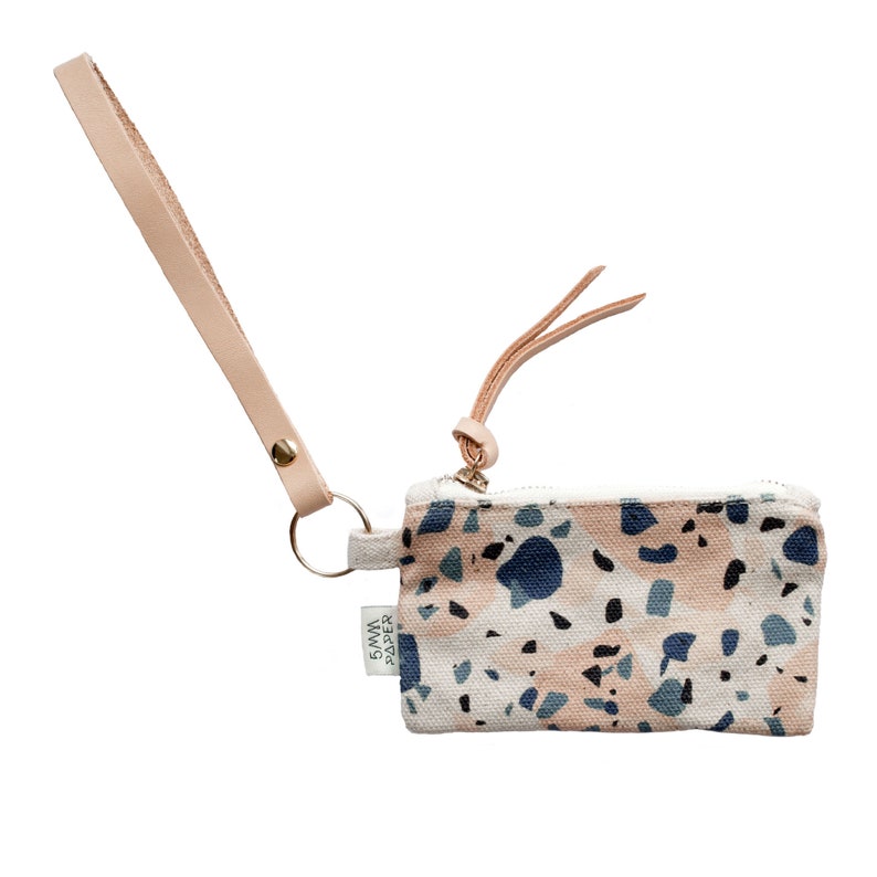 Natural Leather Key Chain with Canvas Card / Coin Pouch Small Purse Terrazzo Blue Pinky Peach II image 2