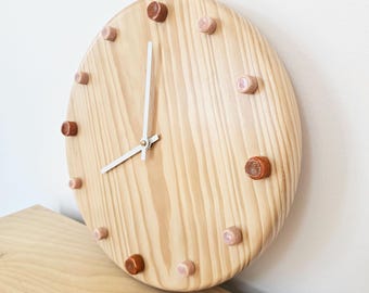 Handmade Pine Wood Wall Clock, Orange/Pink Ceramic Dots, Silent Quartz Movement (29cm)
