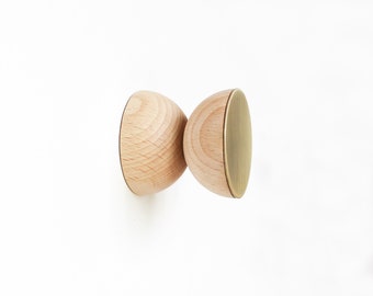 Geometric Round Beech Wood & Brass Coat Hook / Knob