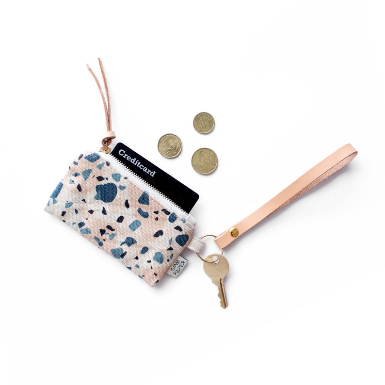 Natural Leather Key Chain with Canvas Card / Coin Pouch Small Purse Terrazzo Blue Pinky Peach II image 1