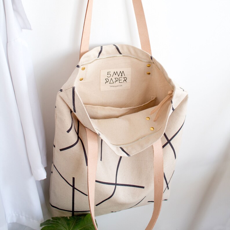 Cotton Canvas Tote Bag Black Mikado Lines Pattern & Natural Leather Straps image 5