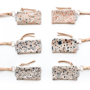 Natural Leather Key Chain with Canvas Card / Coin Pouch Small Purse Terrazzo Blue Pinky Peach II image 4