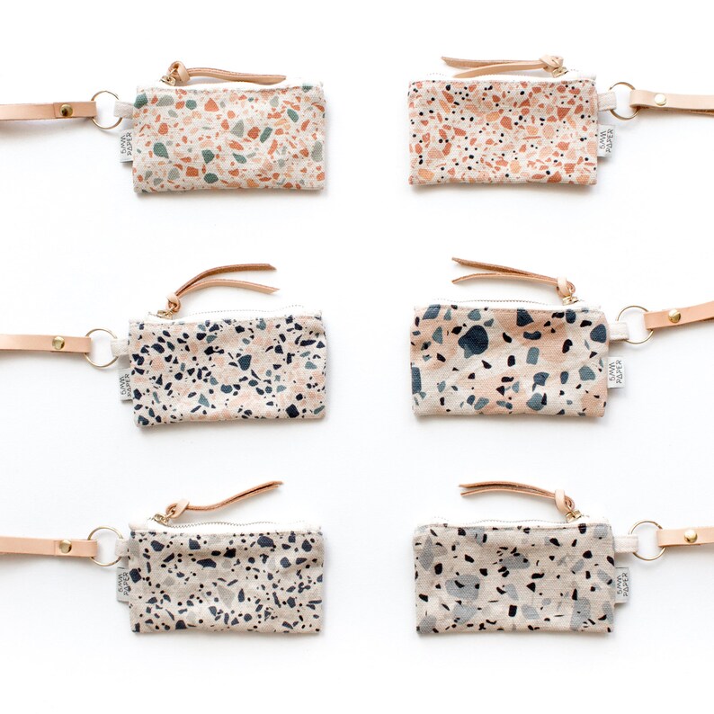 Natural Leather Key Chain with Canvas Card / Coin Pouch Small Purse Terrazzo Blue Pinky Peach II image 4