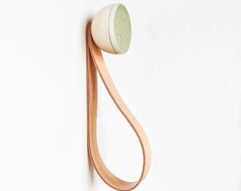 Round Beech Wood & Ceramic Coat Wall Hook / Hanger With Leather Strap - Mint Green with Black Specks