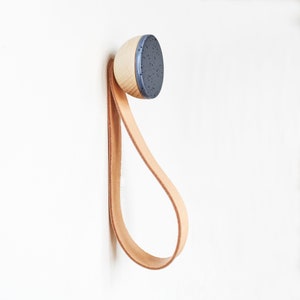 Beech Wood Wall Hook: Blue Speckled Ceramic & Leather Strap