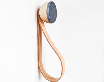 Round Beech Wood & Ceramic Coat Wall Hook / Hanger With Leather Strap - Blue with Black Specks