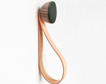 Walnut Wood + Green Coat Wall Hook / Leather Strap Hanger