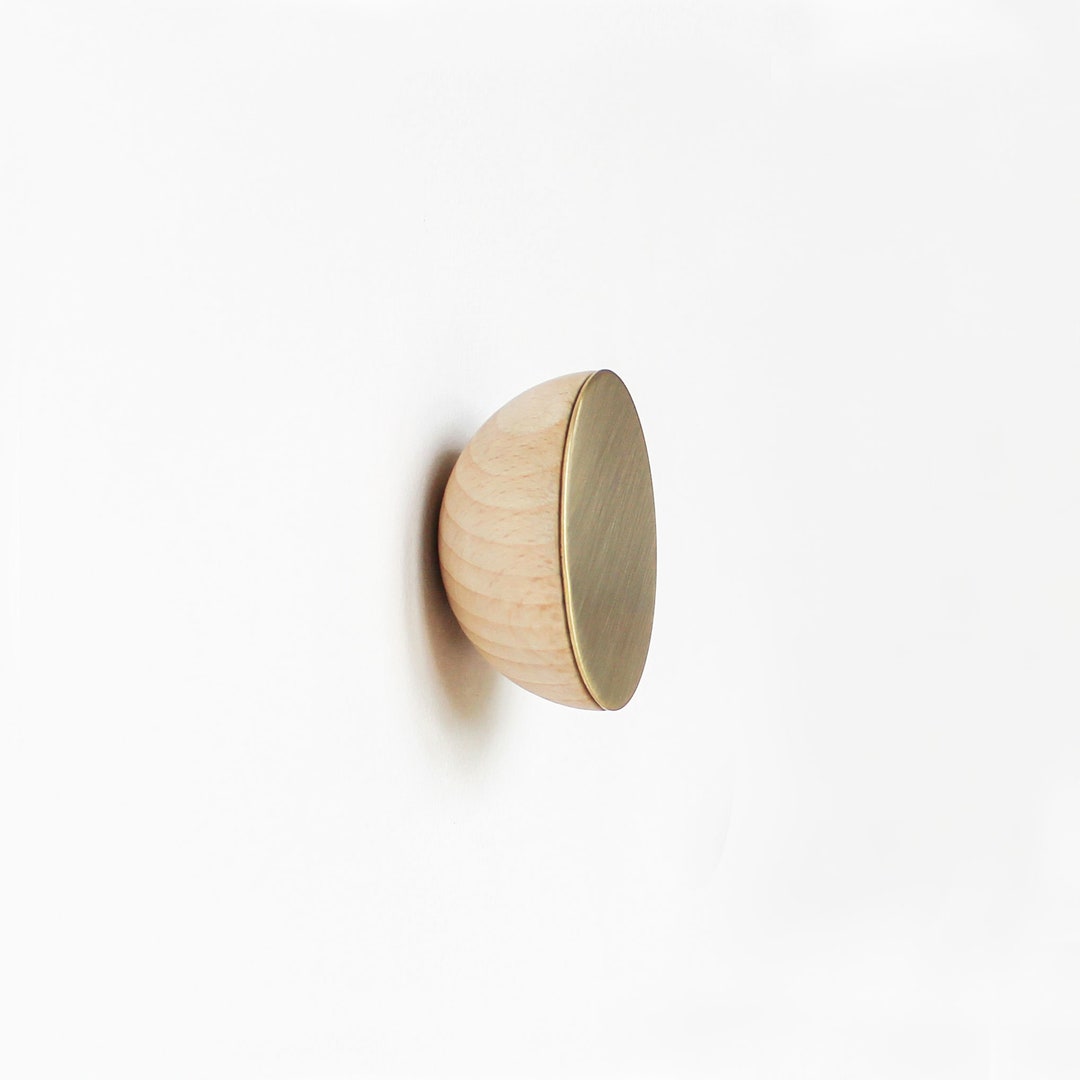 Round Light Beech Wood & Brass Coat Wall Hook / Knob / Pull - Etsy