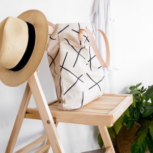 Cotton Canvas Tote Bag Black Mikado Lines Pattern & Natural Leather Straps image 3