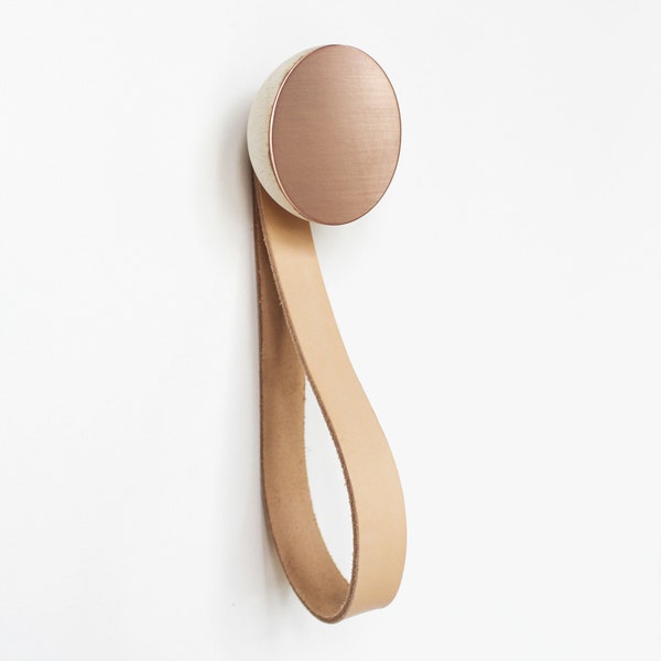 Round Beech Wood & Copper Coat Wall Hook / Hanger With Leather Strap