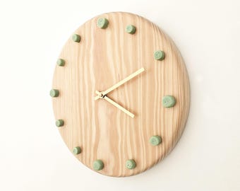 Wooden Wall Clock with Ceramic Details, Handmade - Mint Green Glazing - 29 cm / 11.5 inch