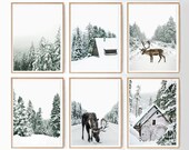 Holiday Decor Winter Set of 6 Snowy Snow Covered Forest Christmas Moose Poster Set Winter Animal Print Log Cabin Print Winter Theme Barn