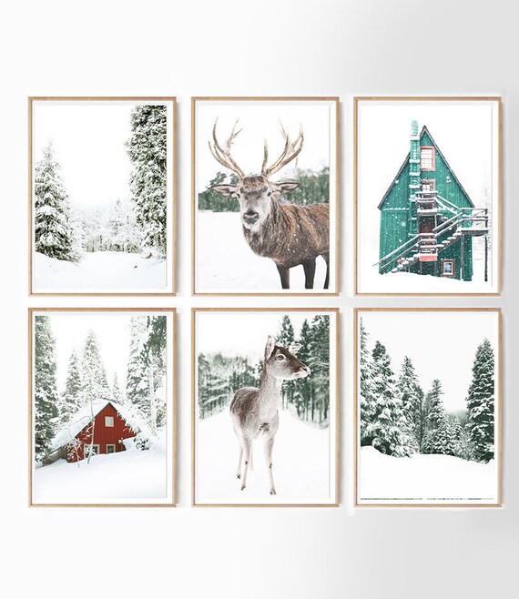 Christmas Wall Art Set of 6 Large Winter Set Deer Winter Photo | Etsy