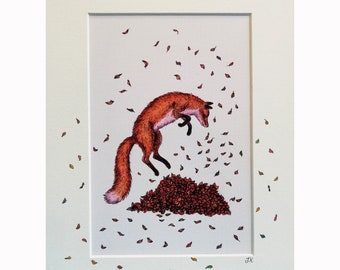 Zorro saltando en hojas impresión de arte de pared, imagen de zorro, impresión de arte de la naturaleza, ilustración de zorro