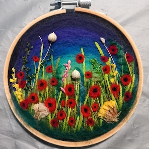 Needle Felted Art, Wool Painting of Wildflower Meadow with Real Wildflowers - Felt Picture, Embroidery Art