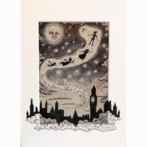 Peter Pan Wall Art, Flying to Neverland Print, Fairytale Art Illustration