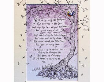 Hope is the Thing with Feathers Wall Art Print, Emily Dickinson Poem Art Illustration