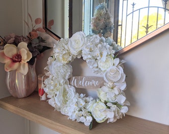 Elegant White Roses and Hydrangea Welcome Wreath