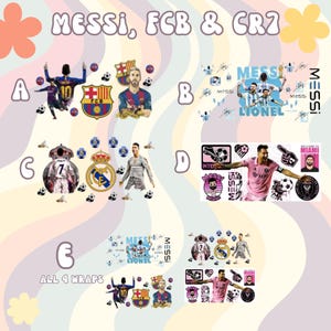 May include: A set of five different designs of Lionel Messi soccer player stickers. The stickers feature Messi in different uniforms and poses, including his time with FC Barcelona, Inter Miami, and the Argentina national team. The stickers are printed on a clear background and are ready to be applied to any surface.
