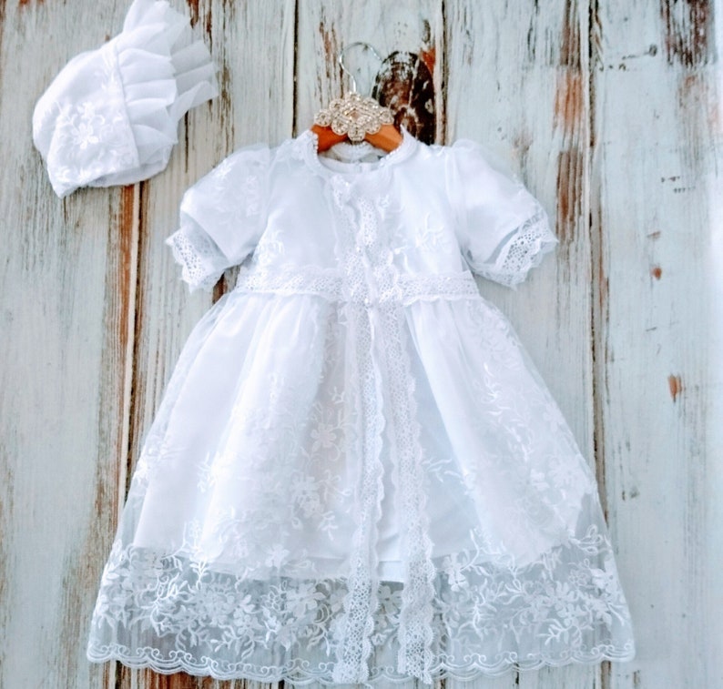 Vintage Style Modern White Lace Baptism Dress Christening Dress long lace Design with Sleeves