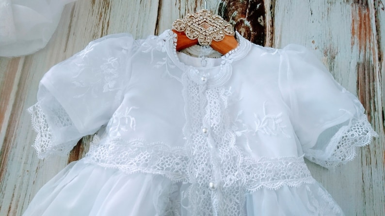 Vintage Style Modern White Lace Baptism Dress Christening Dress long lace Design with Sleeves