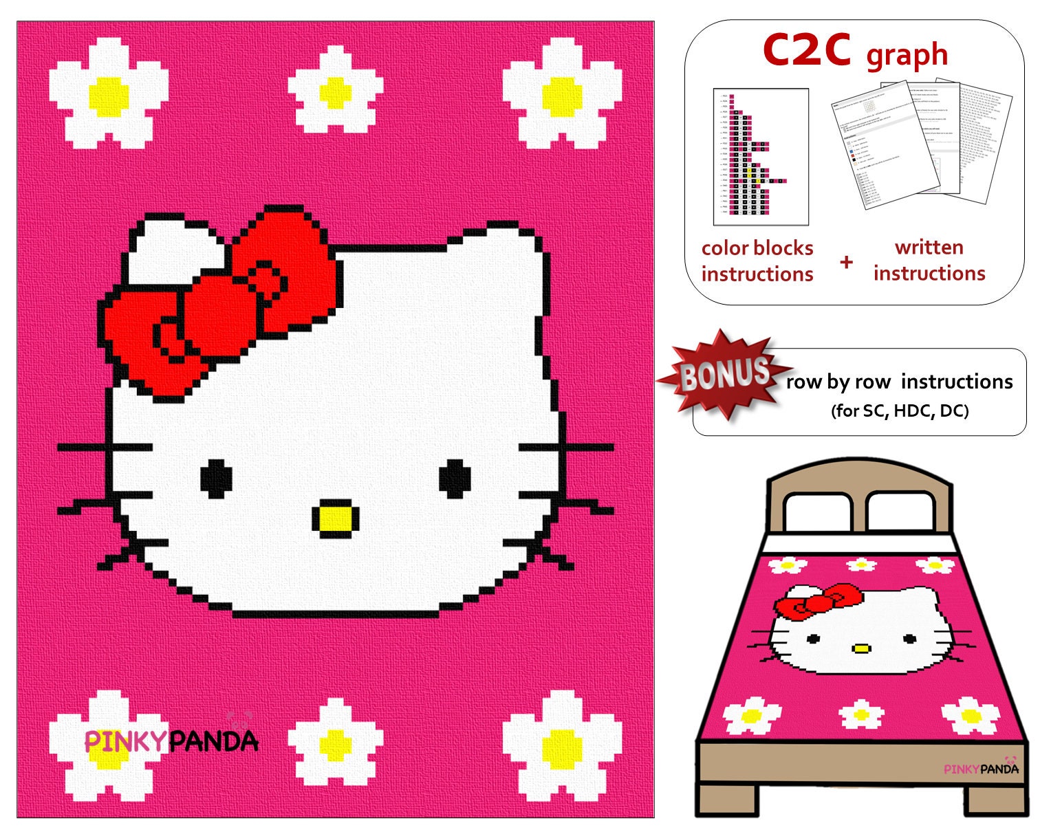 Hello Kitty C2C (Corner to Corner) Square Throw Blanket Graphghan Crochet  Pattern - PDF Download