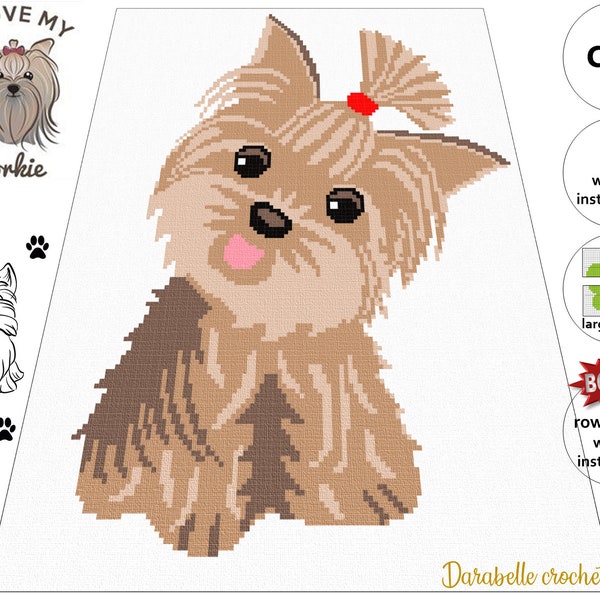 Yorkshire Terrier – C2C – Row by row – Written instructions – Graph – PDF download – Crochet Blanket – Digital pattern - Yorkie - Dog, Puppy