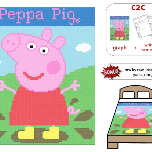 Peppa Pig C2C Row by Row Written Instructions Graph - Etsy Canada Peppa Pig C2C Row by Row Written Instructions Graph - Etsy Canada