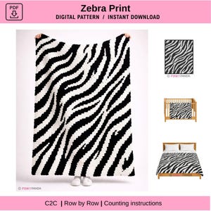 Könnte beinhalten: Eine schwarz-weiß Zebra-Print-Decke wird gezeigt. Die Decke hat ein auffälliges Streifenmuster. Das Bild zeigt auch ein Kinderbett und ein Bett mit dem gleichen Zebra-Print. Der Text "Zebra Print" und "Digital Pattern / Instant Download" sind sichtbar.