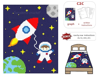 Space - Astronaut - Rocket – C2C – Row by row – Written instructions – Graph – PDF download – Crochet Blanket – Digital pattern - For kids