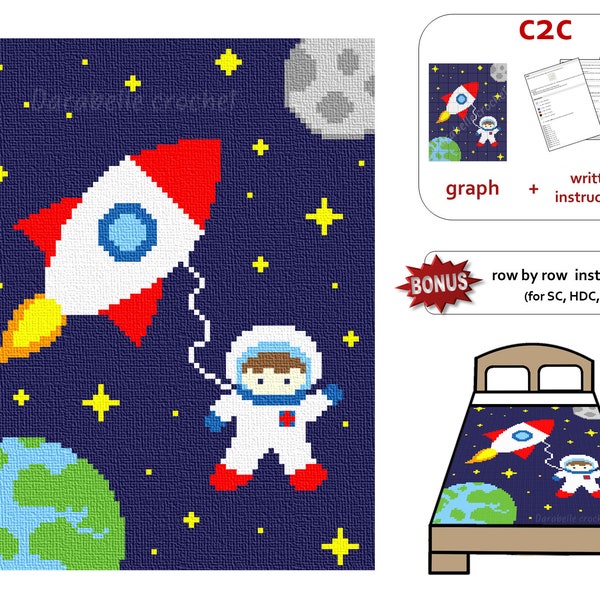 Space - Astronaut - Rocket – C2C – Row by row – Written instructions – Graph – PDF download – Crochet Blanket – Digital pattern - For kids