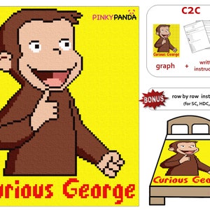 May include: A pixelated image of Curious George, a brown monkey with a yellow shirt, giving a thumbs up. The image is on a yellow background with the text "Curious George" in red letters at the bottom. The image is a crochet pattern.