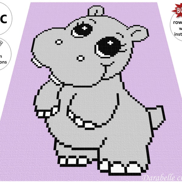 Hippo – Hippopotamus - C2C – Row by row – Written instructions – Graph – PDF download – Crochet Blanket – Digital pattern - Baby
