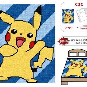 Può includere: Uno schema a uncinetto per una coperta C2C con un'immagine pixelata di Pikachu, un Pokémon elettrico giallo. Lo schema include un grafico, istruzioni scritte e istruzioni riga per riga per diversi tipi di punti.