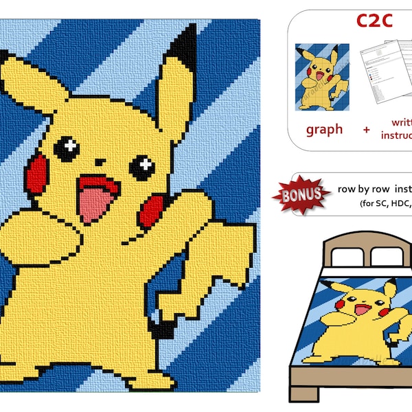Pikachu - Pokemon –– C2C –– Rij voor rij –– Schriftelijke instructies –– Grafiek –– Haakpatroon –– PDF-download –– Deken voor kinderen