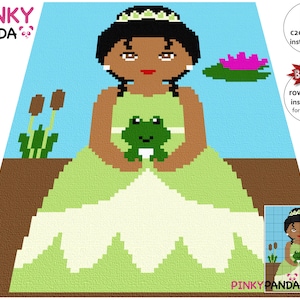 May include: A crochet pattern for a green princess with a frog, a lily pad, and reeds. The pattern includes instructions for single crochet, half double crochet, and double crochet.
