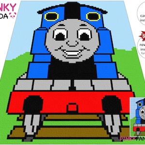 Pode incluir: Imagem pixelizada de um comboio azul, vermelho e cinzento com um rosto sorridente. A imagem inclui o texto "PINKY PANDA", "C2C written instructions" e "BONUS row by row instructions for sc, hdc, dc".