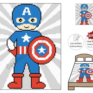 Peut inclure: Un modèle de crochet pour un personnage de Captain America. Le modèle comprend un tableau de couleurs et des instructions écrites pour créer le personnage. L'image montre un personnage de Captain America en crochet fini tenant un bouclier.
