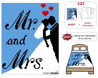 Puede incluir: Patrón de crochet C2C para una manta de boda con el texto "Mr. and Mrs." y una silueta de una pareja besándose. El patrón incluye un gráfico e instrucciones escritas, así como instrucciones fila por fila para punto bajo, punto medio alto y punto alto.
