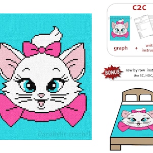 Marie Cat Crochet Blanket Pattern – C2C, Row by Row (PDF Download)