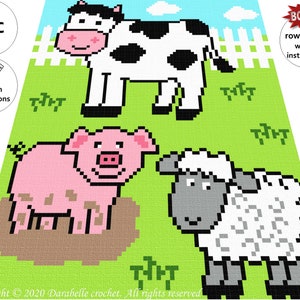 Farm animals – C2C – Row by row – Written instructions – Graph – PDF download – Crochet Blanket – Digital pattern - For kids -Afghan