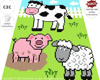 Farm animals – C2C – Row by row – Written instructions – Graph – PDF download – Crochet Blanket – Digital pattern - For kids -Afghan