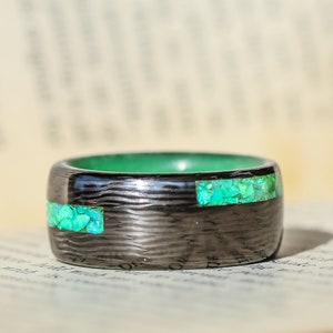 Green Glow in the Dark Opal Black Carbon Fiber Ring, Size 9 US