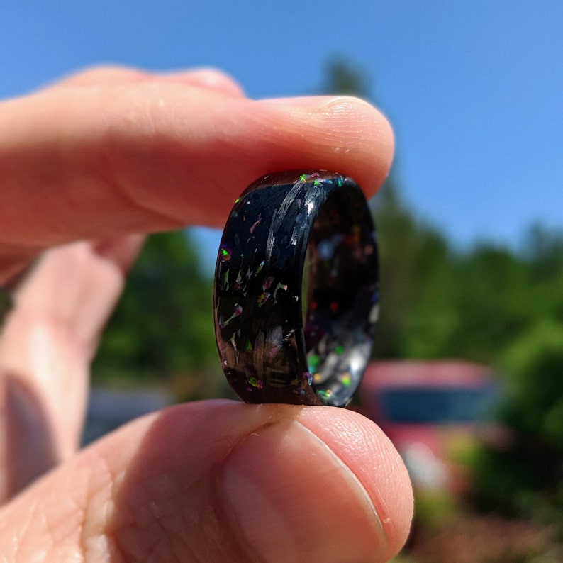 Opal, Shredded Carbon Fiber and Resin Ring Any Size and Width Available
